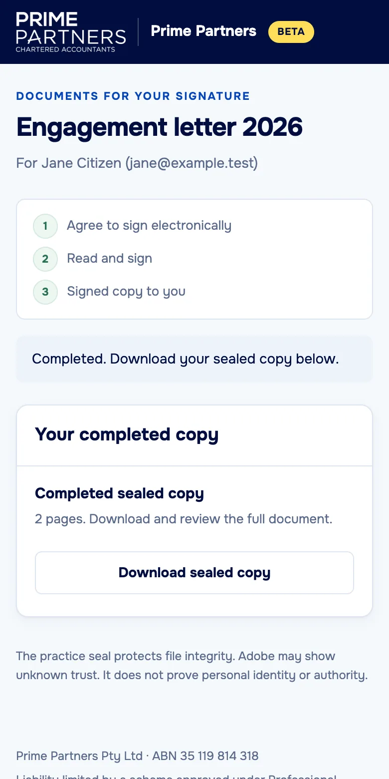 The completed signing page in Prime Partners' branding: its logo in the navy header, its typeface, and a Download sealed copy button.