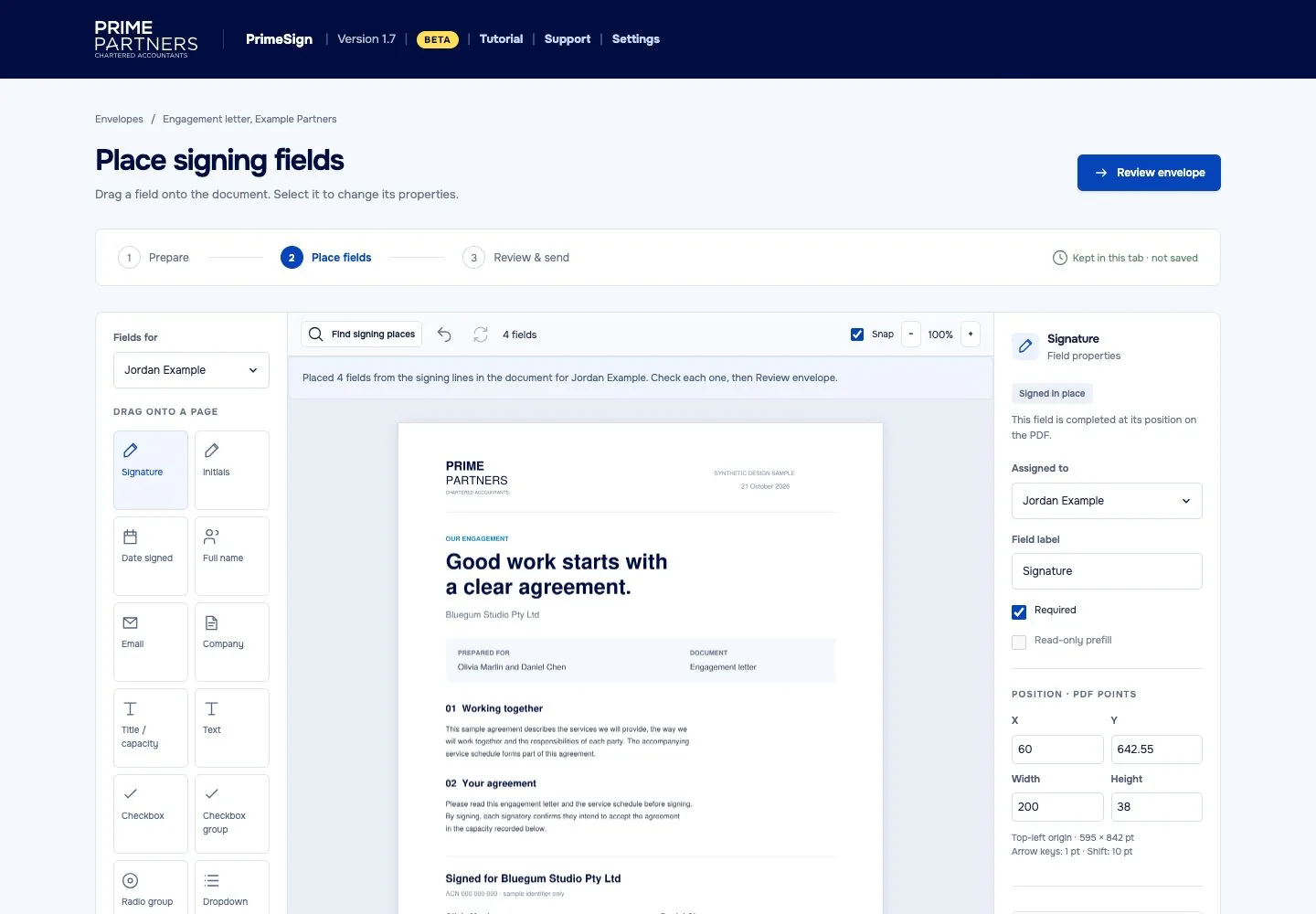PrimeSign's Place signing fields screen, with signature and date fields already placed on a sample engagement letter's signing lines.