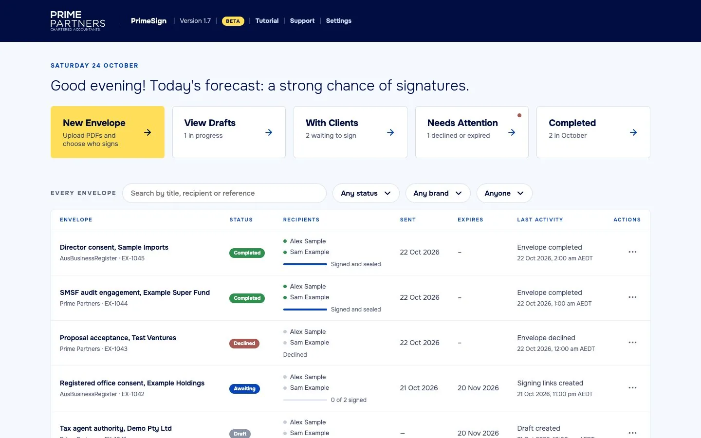 The PrimeSign home screen: buttons for a new envelope, drafts, documents with clients, documents needing attention and completed ones, above a list of envelopes with their recipients, status and last activity.