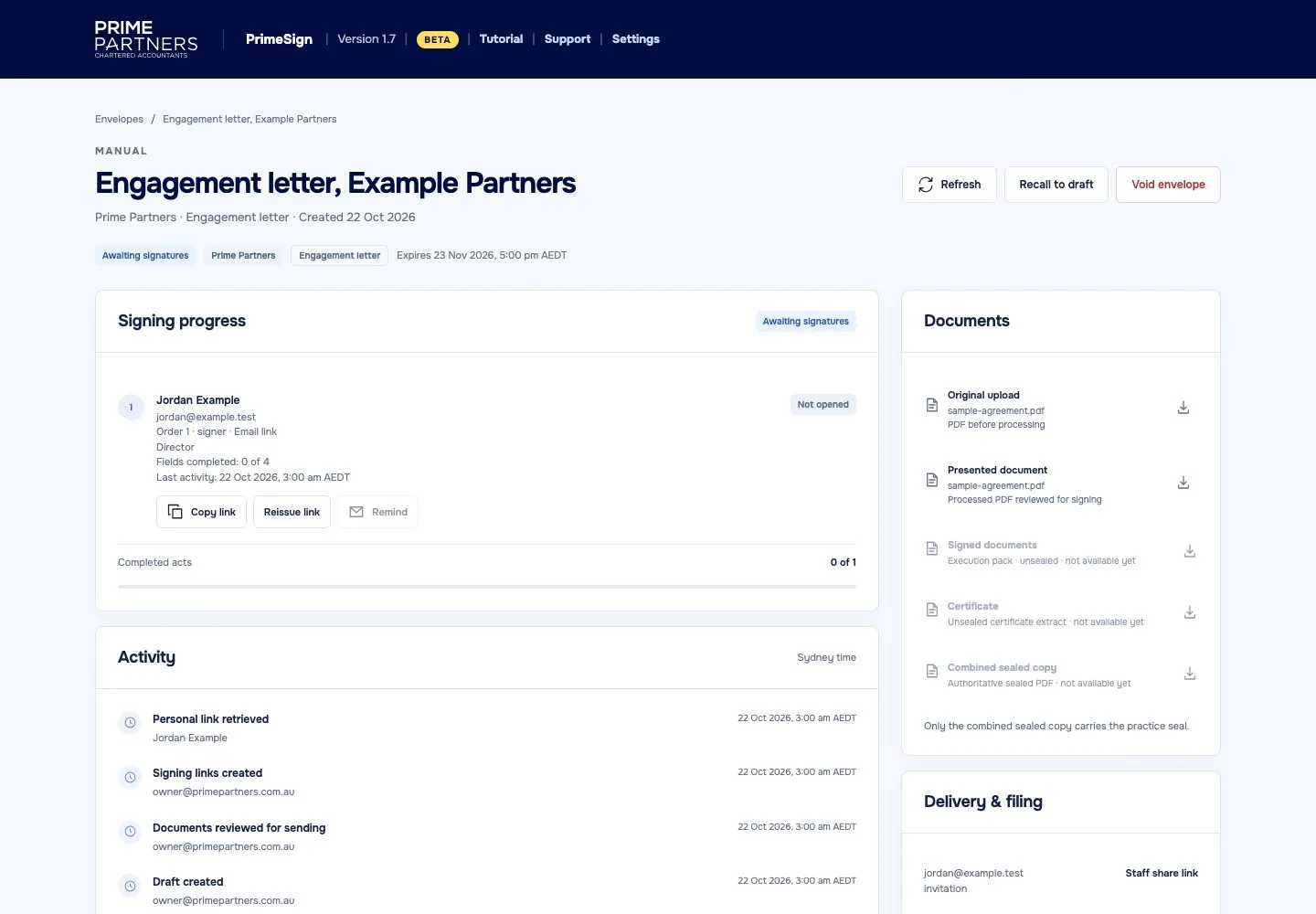 An envelope tracking screen: signing progress for one recipient, an activity log with timestamps, and a documents panel listing the original upload, the presented document, signed documents, the certificate and the sealed copy.